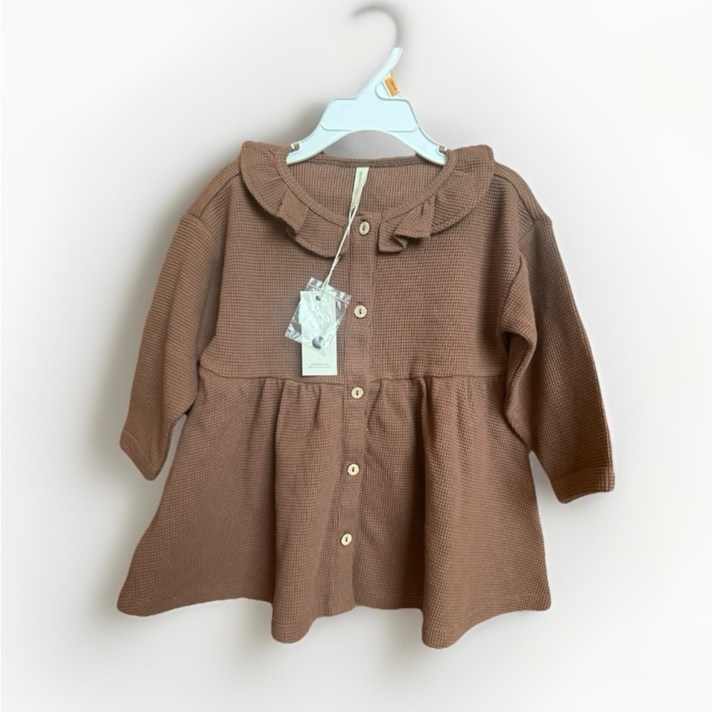 Quincy Mae Brown Knit Ruffle-Collar Button Dress